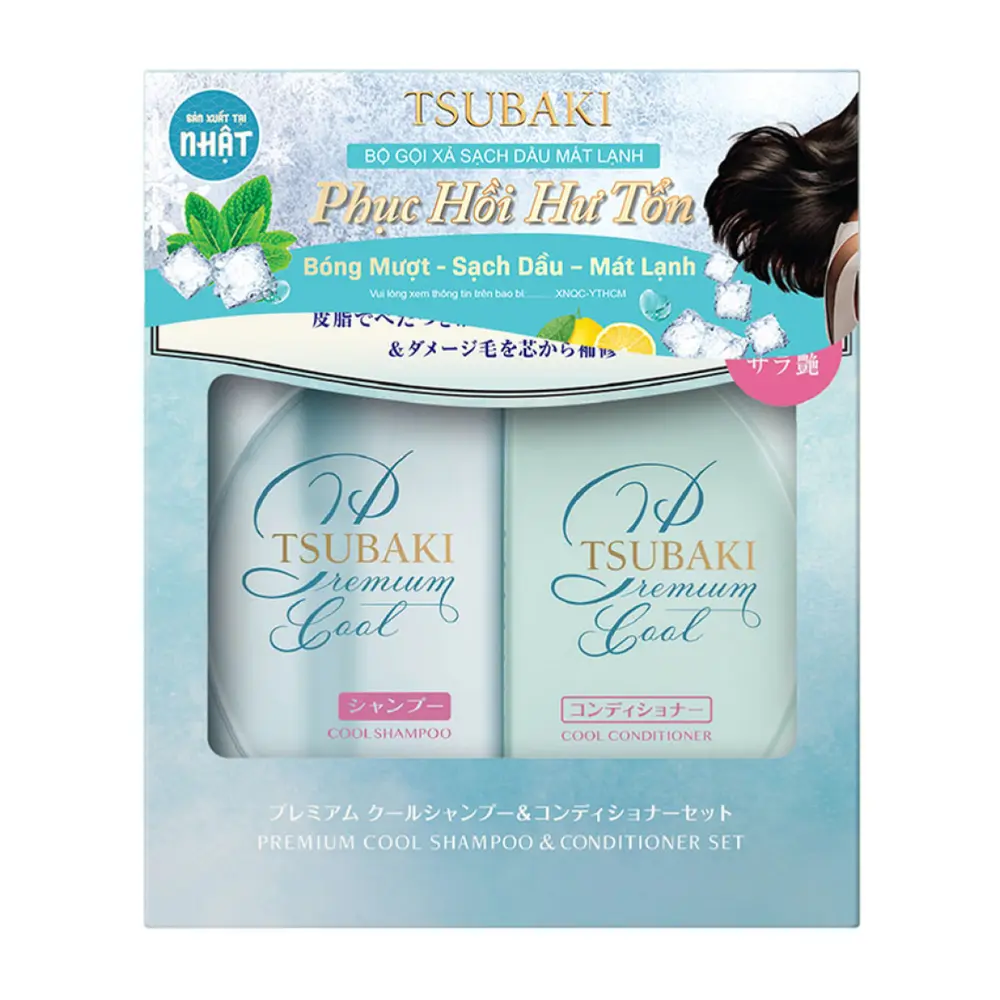 Bộ Dầu Gội & Xả Mát Lạnh Cao Cấp Phục Hồi Tóc Hư Tổn, Premium Cool Shampoo & Conditioner Set, 2 Chai (490ml) - TSUBAKI